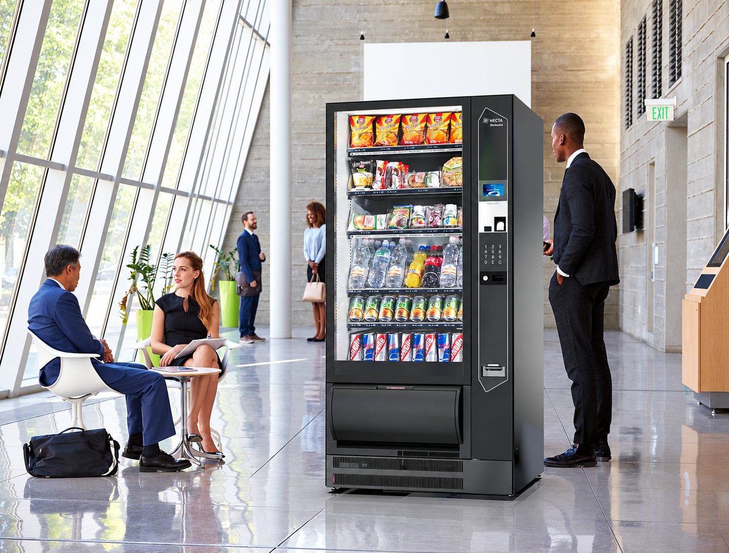 Distributeur automatique Necta dans un hall moderne avec des personnes